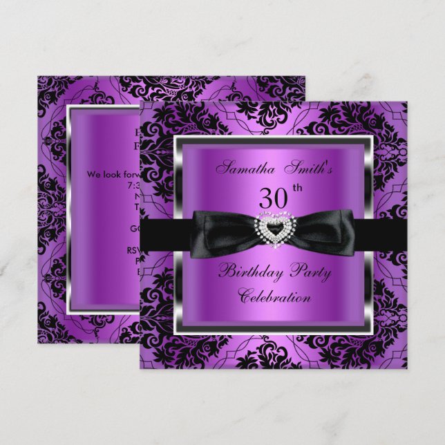 30th Birthday Party Purple Damask Silver Black Invitation (Front/Back)