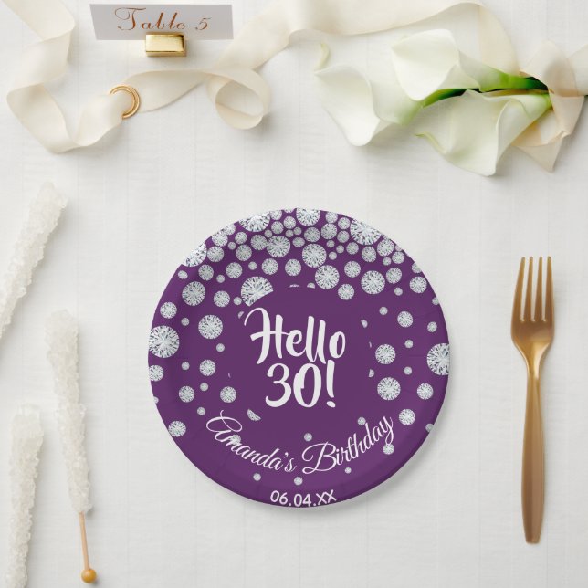 30th birthday party purple diamonds paper plate (Wedding)