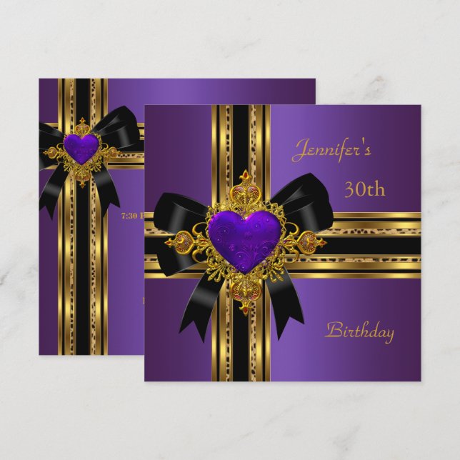 30th Birthday Party Purple Gold Heart Jewel Rose 2 Invitation (Front/Back)