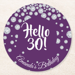 30th birthday party purple hello 30 name diamonds round paper coaster