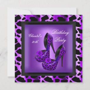 30th Birthday Party Purple Leopard Black Shoes Invitation