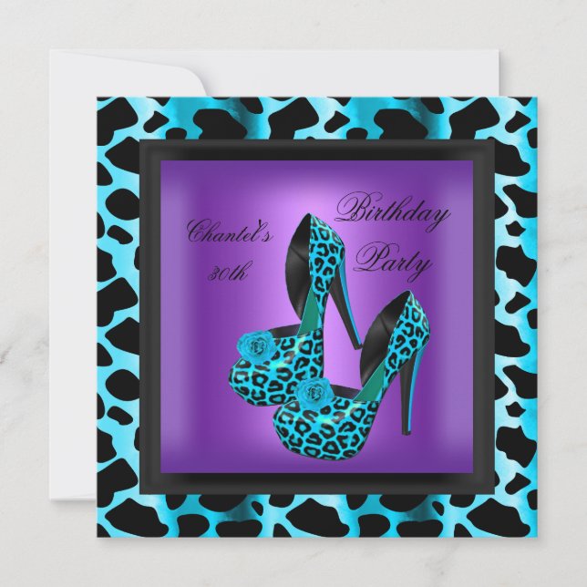 30th Birthday Party Purple Leopard Teal Blue Invitation (Front)