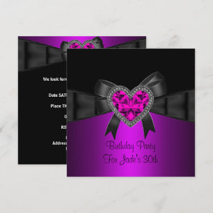 30th Birthday Party Purple Pink Heart Jewel Black Invitation