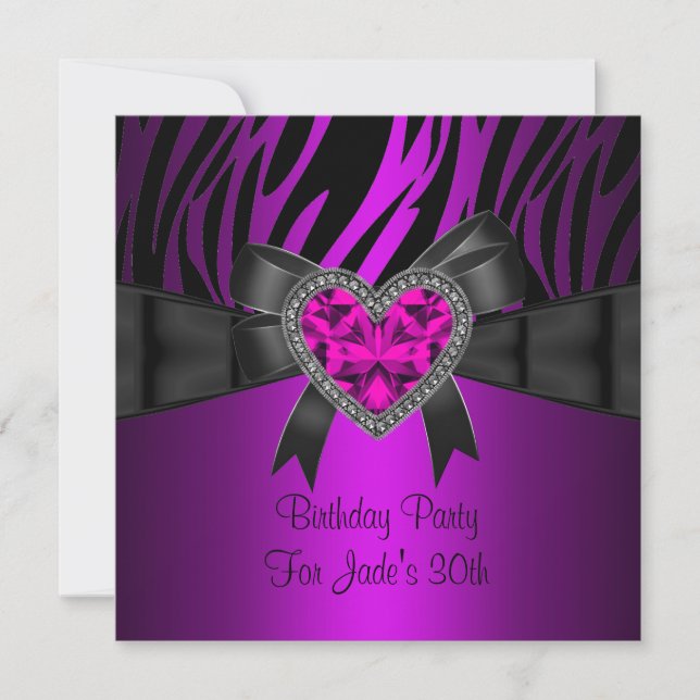 30th Birthday Party Purple Pink Heart Jewel Zebra Invitation (Front)