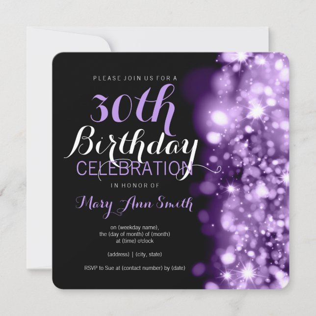30th Birthday Party Purple Sparkling Lights Invitation (Front)