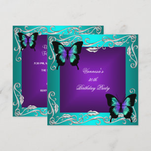 30th Birthday Party Purple Teal Butterflies Silver Invitation