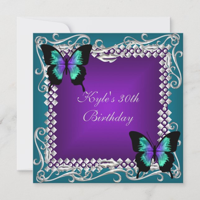 30th Birthday Party Purple Teal Butterflies Silver Invitation (Front)