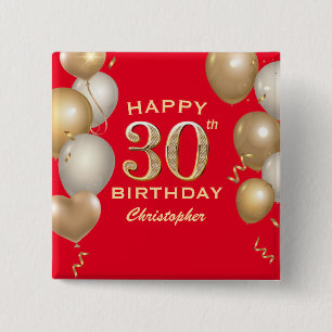 30th Birthday Party Red and Gold Balloons 15 Cm Square Badge