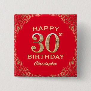 30th Birthday Party Red and Gold Glitter Frame 15 Cm Square Badge