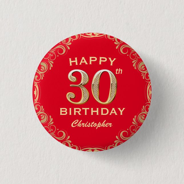 30th Birthday Party Red and Gold Glitter Frame 3 Cm Round Badge (Front)
