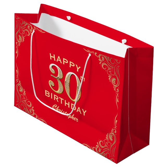 30th Birthday Party Red and Gold Glitter Frame Large Gift Bag (Front Angled)