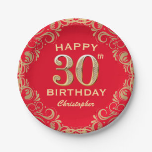 30th Birthday Party Red and Gold Glitter Frame Paper Plate