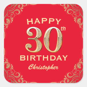 30th Birthday Party Red and Gold Glitter Frame Square Sticker