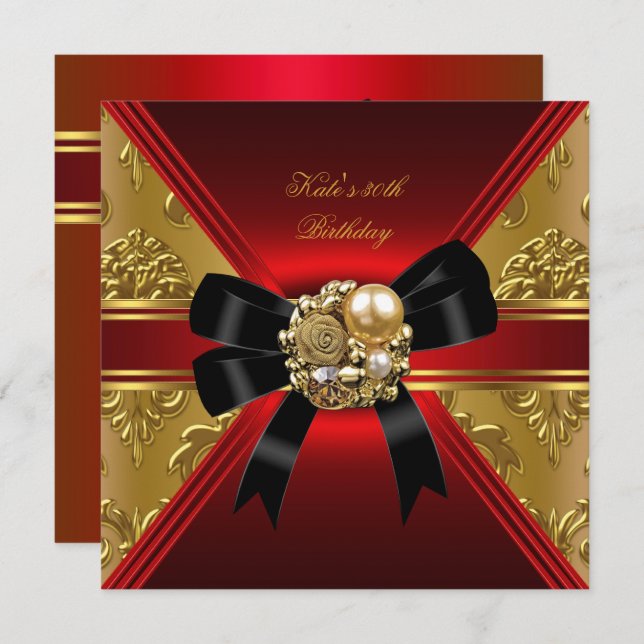 30th Birthday Party Red Gold Rich Royal Black Invitation (Front/Back)