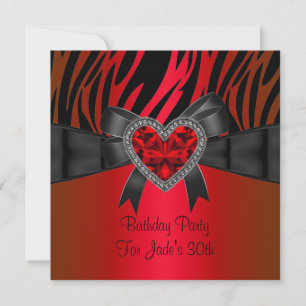 30th Birthday Party Red Heart Jewel Zebra Invitation