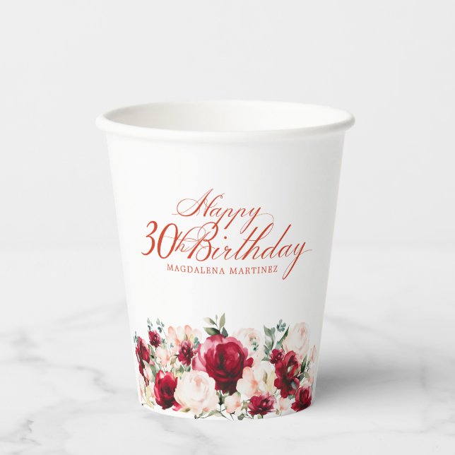 30th Birthday Party Red Rose Pink Peony Custom Paper Cups (Front)