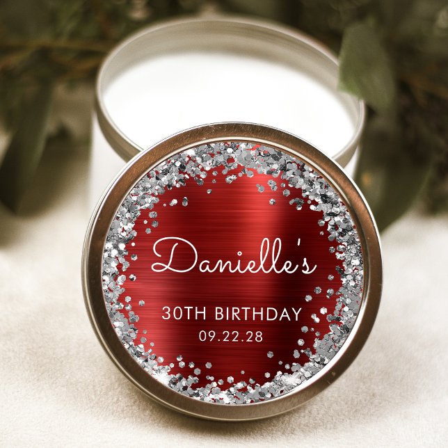 30th Birthday Party Red Silver Glitter Classic Round Sticker (Creator Uploaded)