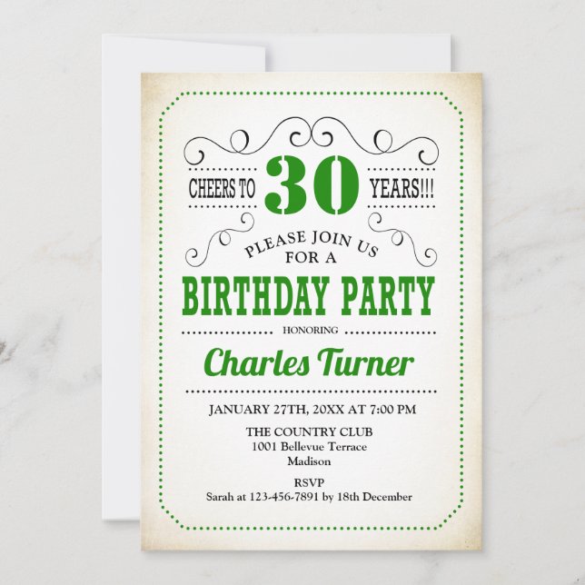 30th Birthday Party - Retro Creamy White and Green Invitation (Front)