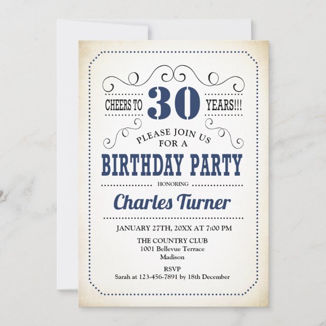 30th Birthday Party - Retro Creamy White and Navy Invitation (Front)