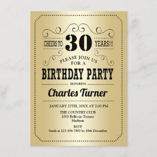 30th Birthday Party - Retro Gold Black Invitation