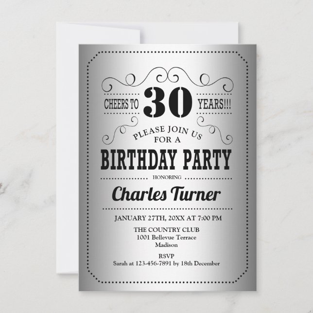 30th Birthday Party - Retro Silver Black Invitation (Front)