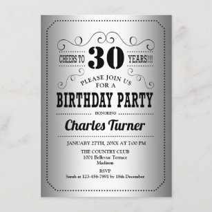 30th Birthday Party - Retro Silver Black Invitation