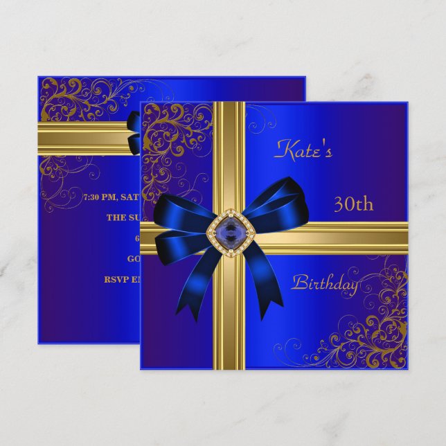30th Birthday Party Rich Royal Blue Gold Jewel Invitation (Front/Back)