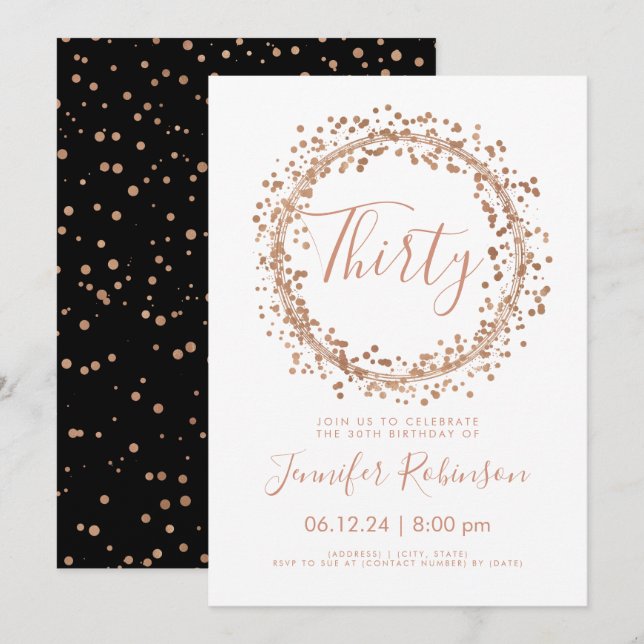 30th Birthday Party Rose Gold B+W Confetti Invitation (Front/Back)