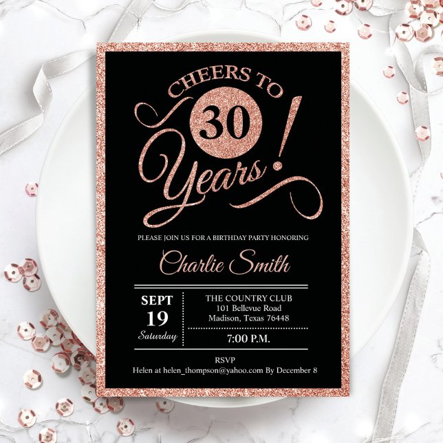 30th Birthday Party - Rose Gold Black ANY AGE Invitation (Creator Uploaded)