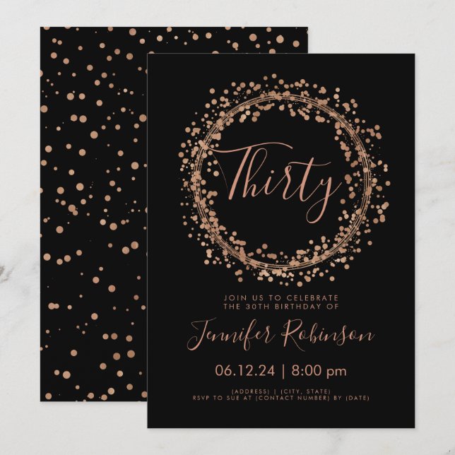 30th Birthday Party Rose Gold Black Confetti Invitation (Front/Back)