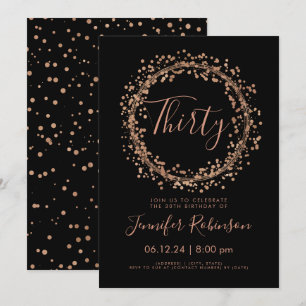 30th Birthday Party Rose Gold Black Confetti Invitation