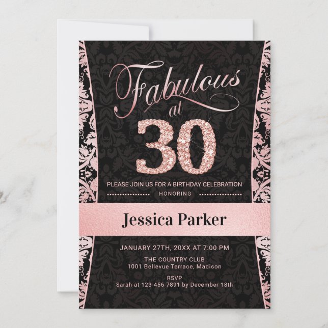 30th Birthday Party - Rose Gold Black Invitation (Front)