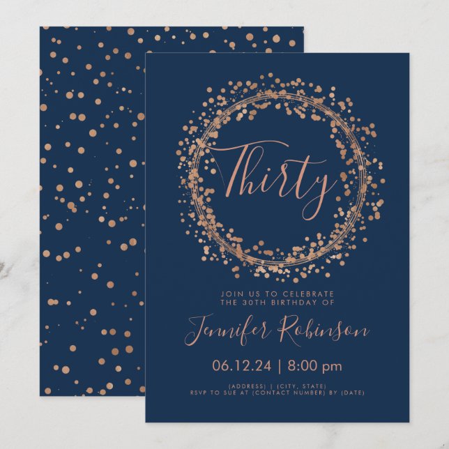 30th Birthday Party Rose Gold Navy Confetti Invitation (Front/Back)