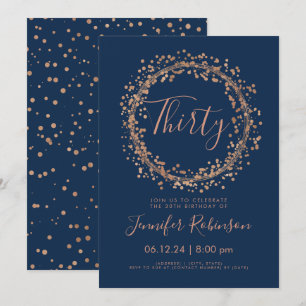 30th Birthday Party Rose Gold Navy Confetti Invitation