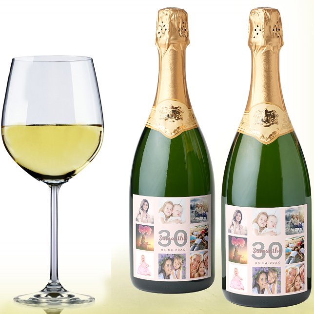 30th birthday party rose gold pink photo collage sparkling wine label (Creator Uploaded)
