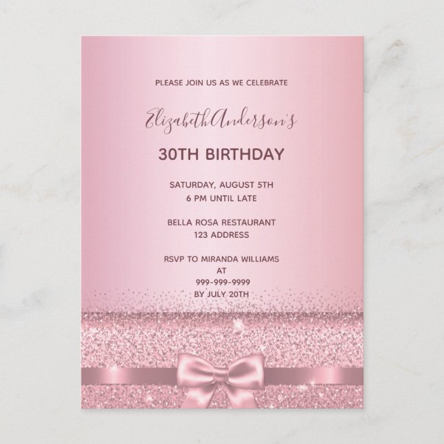 30th birthday party rose gold sparkle invitation postcard (Front)