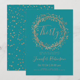 30th Birthday Party Rose Gold Teal Confetti Invitation