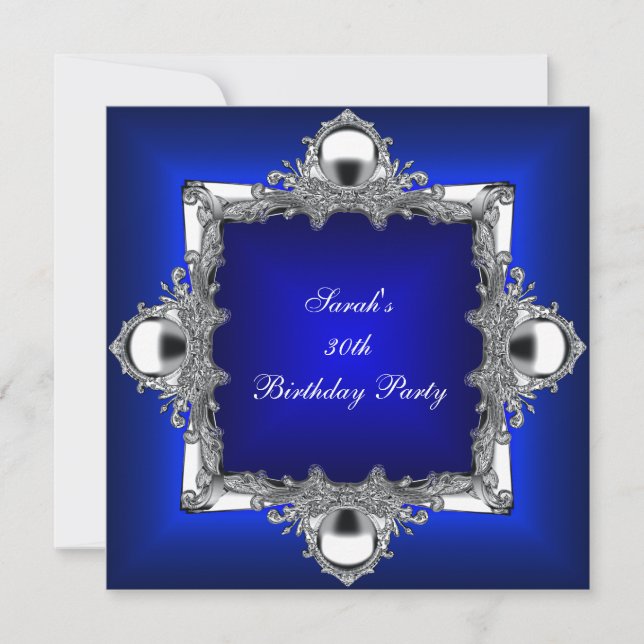30th Birthday Party Royal Blue Silver Chrome Invitation (Front)