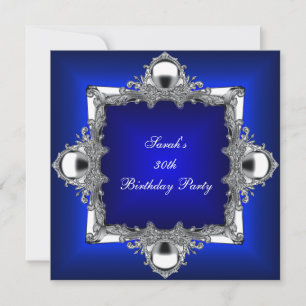 30th Birthday Party Royal Blue Silver Chrome Invitation