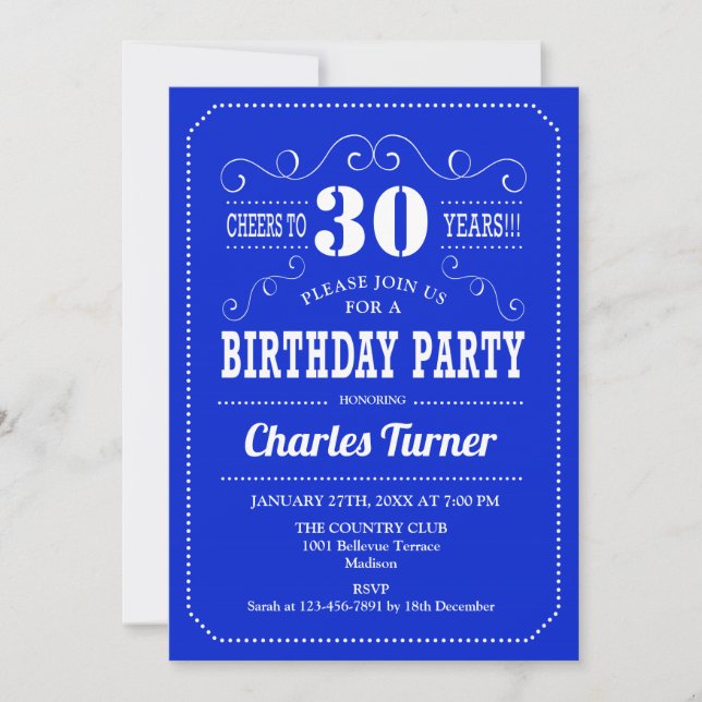 30th Birthday Party - Royal Blue White Invitation (Front)