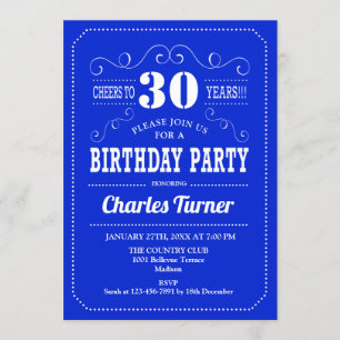 30th Birthday Party - Royal Blue White Invitation