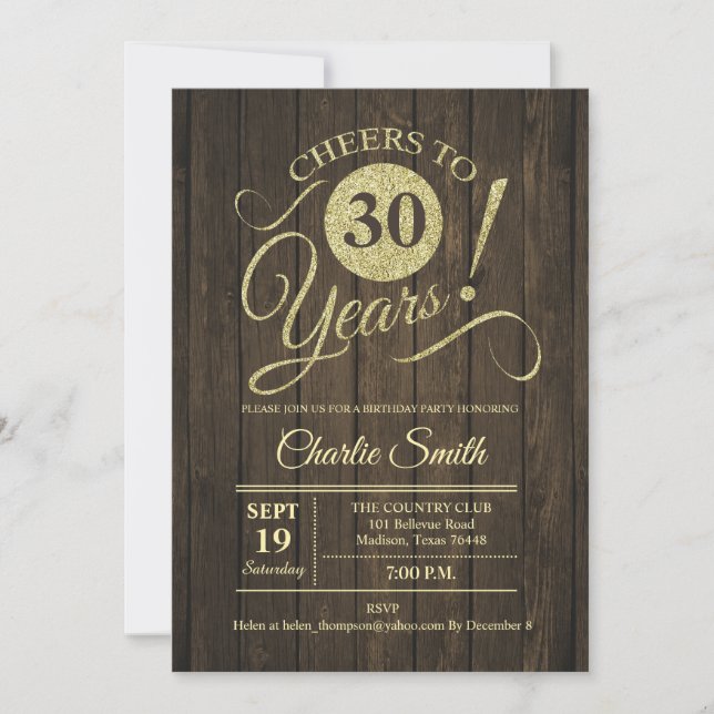 30th Birthday Party - Rustic Wood Gold Invitation (Front)