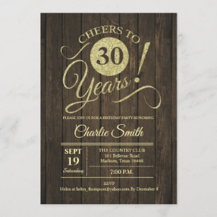 30th Birthday Party - Rustic Wood Gold Invitation