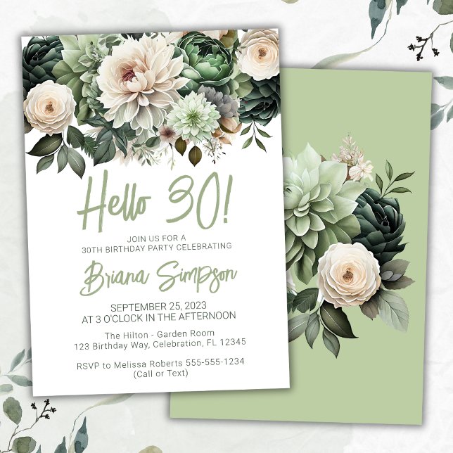 30th Birthday Party Sage Green Floral Invitation (Creator Uploaded)