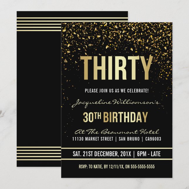 30th Birthday Party | Shimmering Gold Confetti Invitation (Front/Back)
