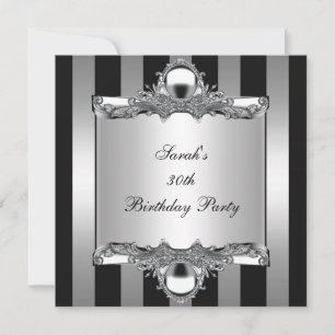 30th  Birthday Party Silver Black White Stripe Invitation