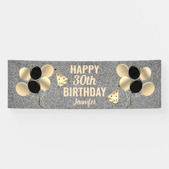 30th Birthday Party Silver Glitter Personalised Banner (Horizontal)