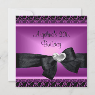 30th Birthday Party Silver Heart Purple Black Invitation