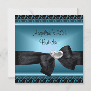 30th Birthday Party Silver Heart Teal Blue Black Invitation