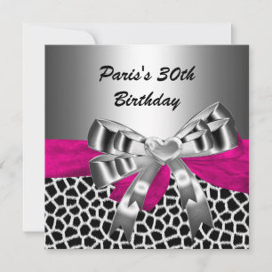 30th Birthday Party Silver Pink Black Giraffe Invitation